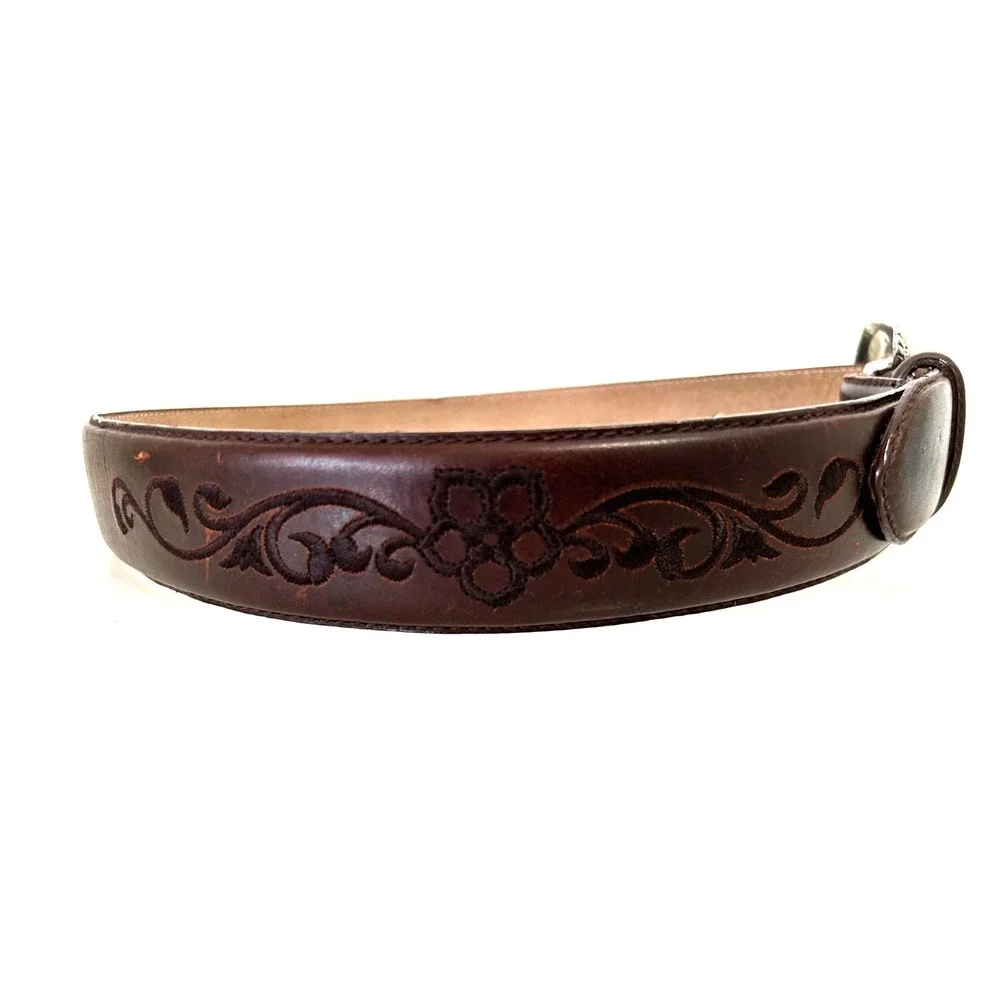 Brighton Americana Embroidered Leather Belt 28 Silver Tone Large Etch Buckle EUC